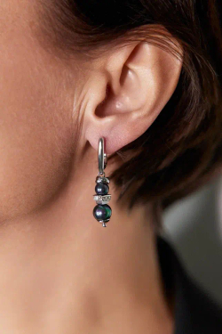Серьги из темного "бензинового" жемчуга 0,5 и 0,7 см с гематитом и цирконами, серебро
