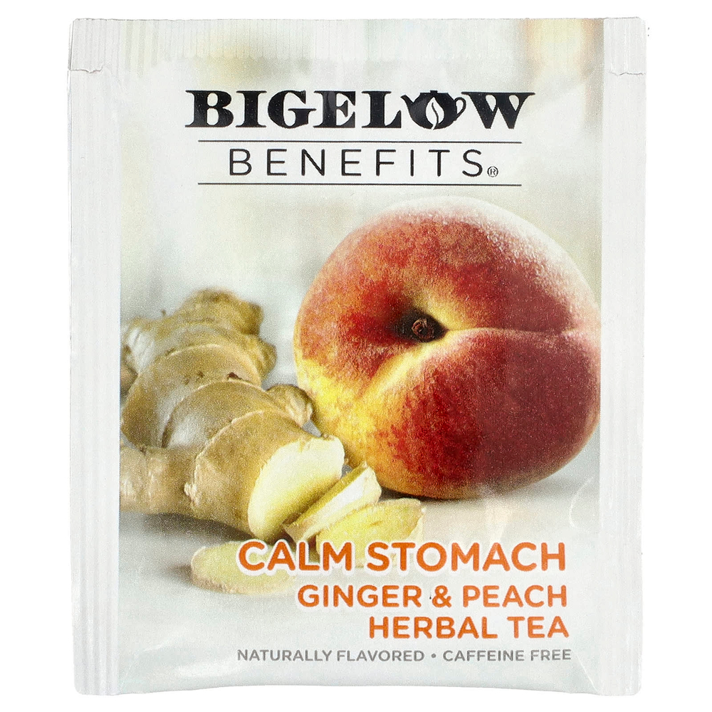 Bigelow, Benefits®, успокаивающий травяной чай, имбирь и персик, без кофеина, 18 чайных пакетиков, 40 г (1,44 унции)