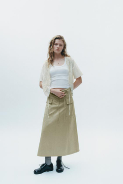 ZARA ЮБКА-МИДИ КАРГО, СВЕТЛЫЙ ХАКИ