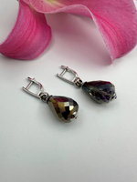 Серьги "Венеция" двухсторонние коричневый-фуксия, фурнитура серебро