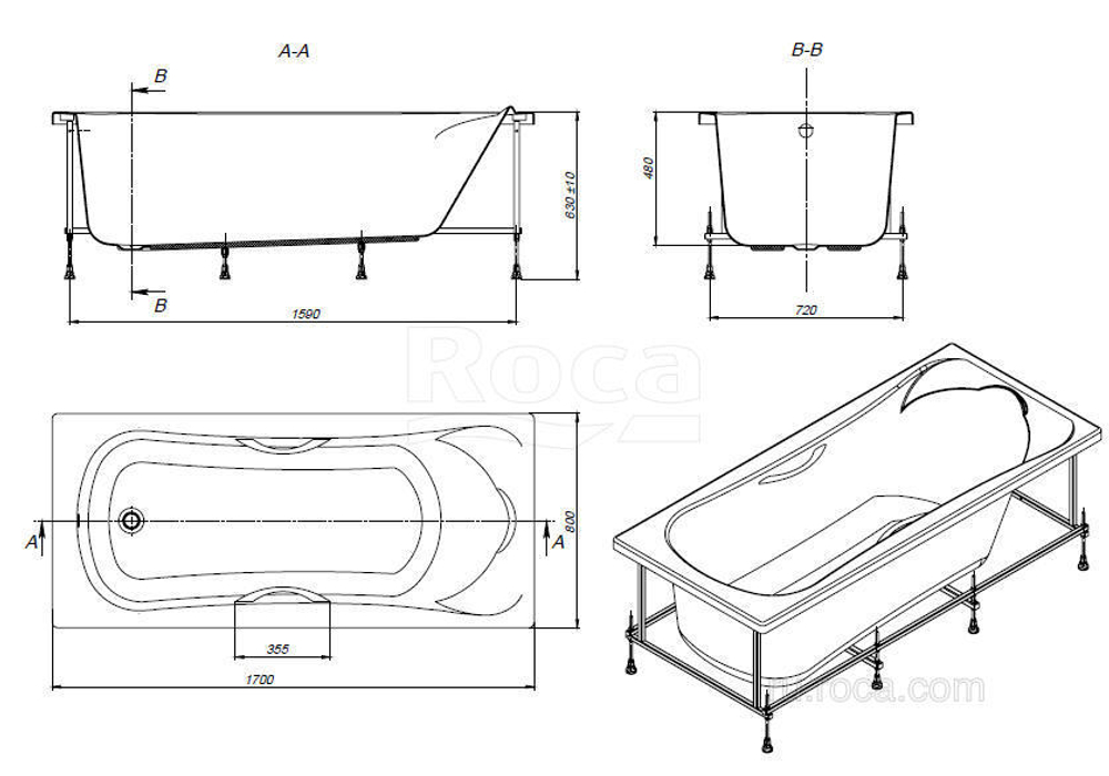 Акриловая ванна Roca BeCool 170x80 прямоугольная, с отверстиями для ручек, белая ZRU9302852