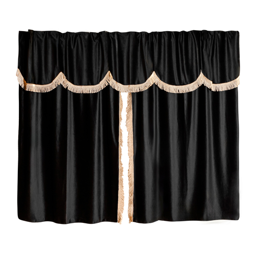 Шторы спального места с ламбрекеном в кабину Volvo, Scania, MAN, DAF, Merc, Камаз, Sitrak, Shacman, Foton, FAW. Высота 1,5м, ширина одной стороны - 1,15м. Блэкаут, Двойной велюр. Черный цвет с золотой бахромой