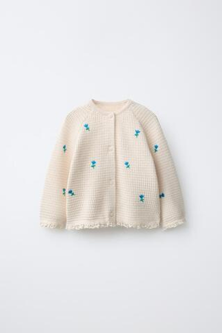 ZARA КАРДИГАН С ВЫШИВКОЙ В ВИДЕ ЦВЕТОВ И КРУЖЕВОМ, ЭКРЮ