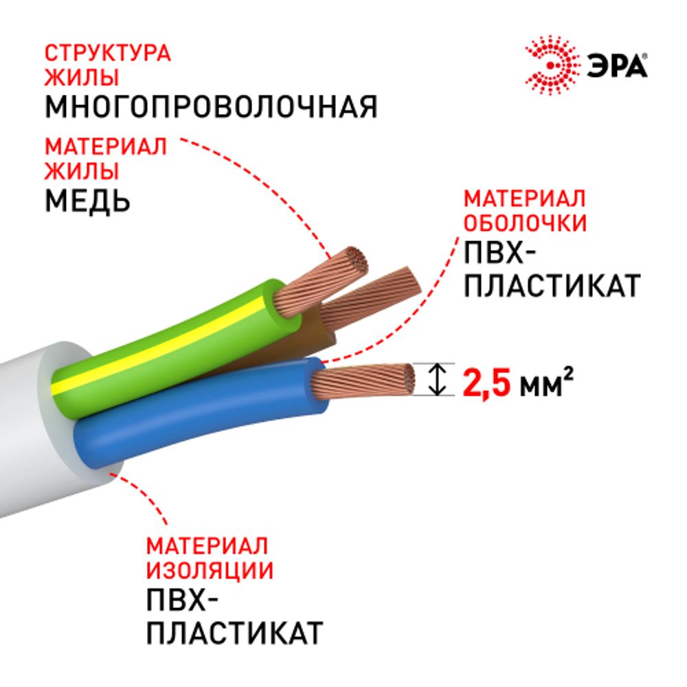 Провод ЭРА ПВС 3х2,5 мм2 20м белый