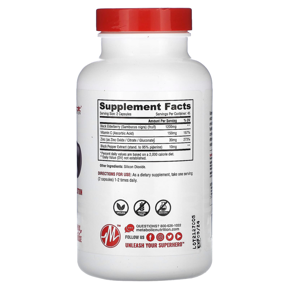 Metabolic Nutrition, Elderberry, формула максимальной эффективности, 90 капсул