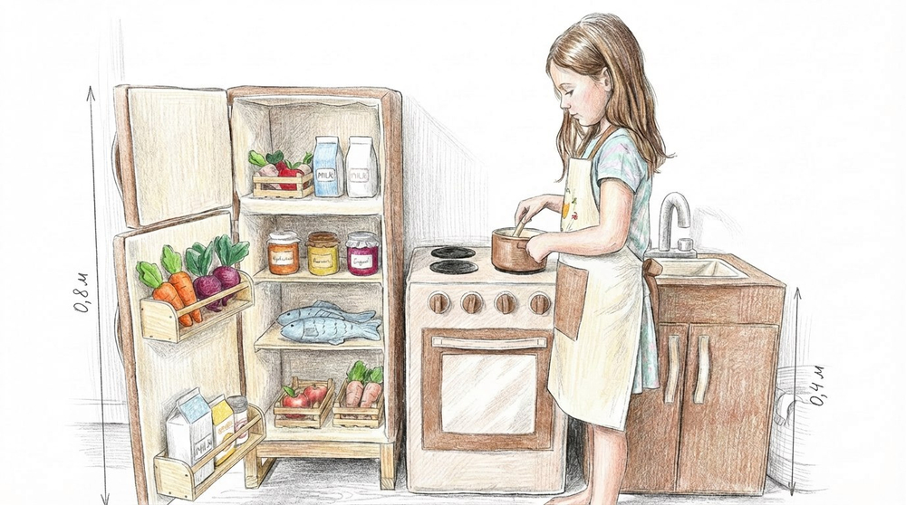 Детская игровая кухня из ткани с холодильником, плитой, мойкой и продуктами