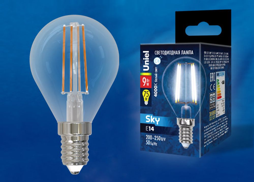 LED-G45-9W/4000K/E14/CL PLS02WH Лампа светодиодная. Форма шар, прозрачная. Серия Sky. Белый свет (4000К). Картон. ТМ Uniel.