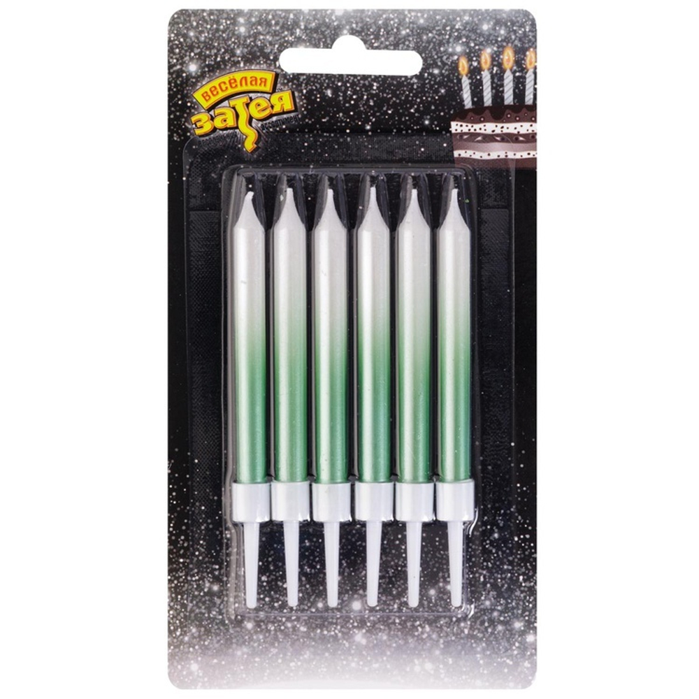 Свечи для торта «Перламутровый градиент» в бело-зеленом цвете 8 см, 6 шт с подставками