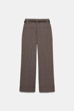 ZARA БРЮКИ В ЕЛОЧКУ С РЕМНЕМ, КОРИЧНЕВЫЙ