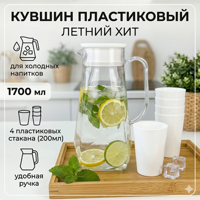 Кувшин пластиковый 1.7л «Летний хит» в наборе с 4-мя стаканами 200мл