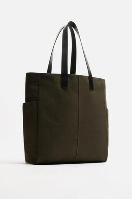 ZARA ТКАНЕВАЯ СУМКА-ШОПЕР, ЗЕЛЕНЫЙ ХАКИ
