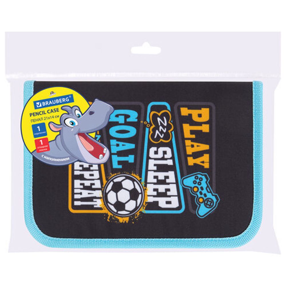 Пенал BRAUBERG с наполнением, 1 отделение, 1 откидная планка, 24 предмета, 21х14 см, "Play sleep repeat", 272353