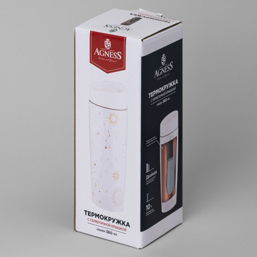 ТЕРМОКРУЖКА AGNESS "SUPERNOVA WHITE" 360МЛ, КОЛБА НЕРЖ.СТАЛЬ 18/10