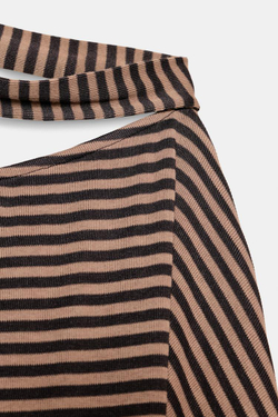ZARA ТОП В ПОЛОСКУ С ПОЯСОМ, КОРИЧНЕВЫЙ/ЭКРЮ