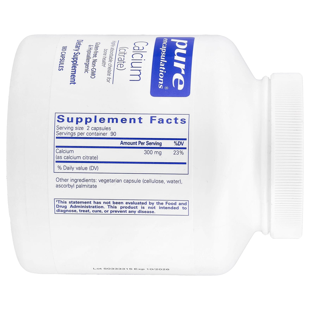 Pure Encapsulations, Кальций (цитрат), 180 капсул (150 мг на капсулу)