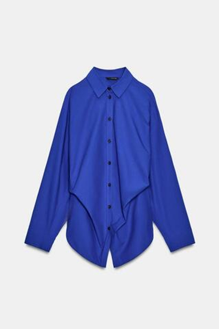 ZARA РУБАШКА ИЗ ПОПЛИНА С БОКОВЫМИ ВЫТАЧКАМИ, ЯРКО-СИНИЙ