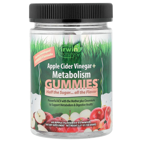 Irwin Naturals, яблочный уксус + жевательные таблетки для поддержания метаболизма, со вкусом яблока, 40 жевательных таблеток (500 мг в 1 таблетке)