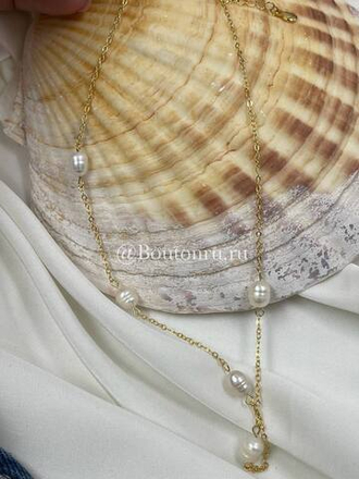 Колье золотистое с натуральным жемчугом