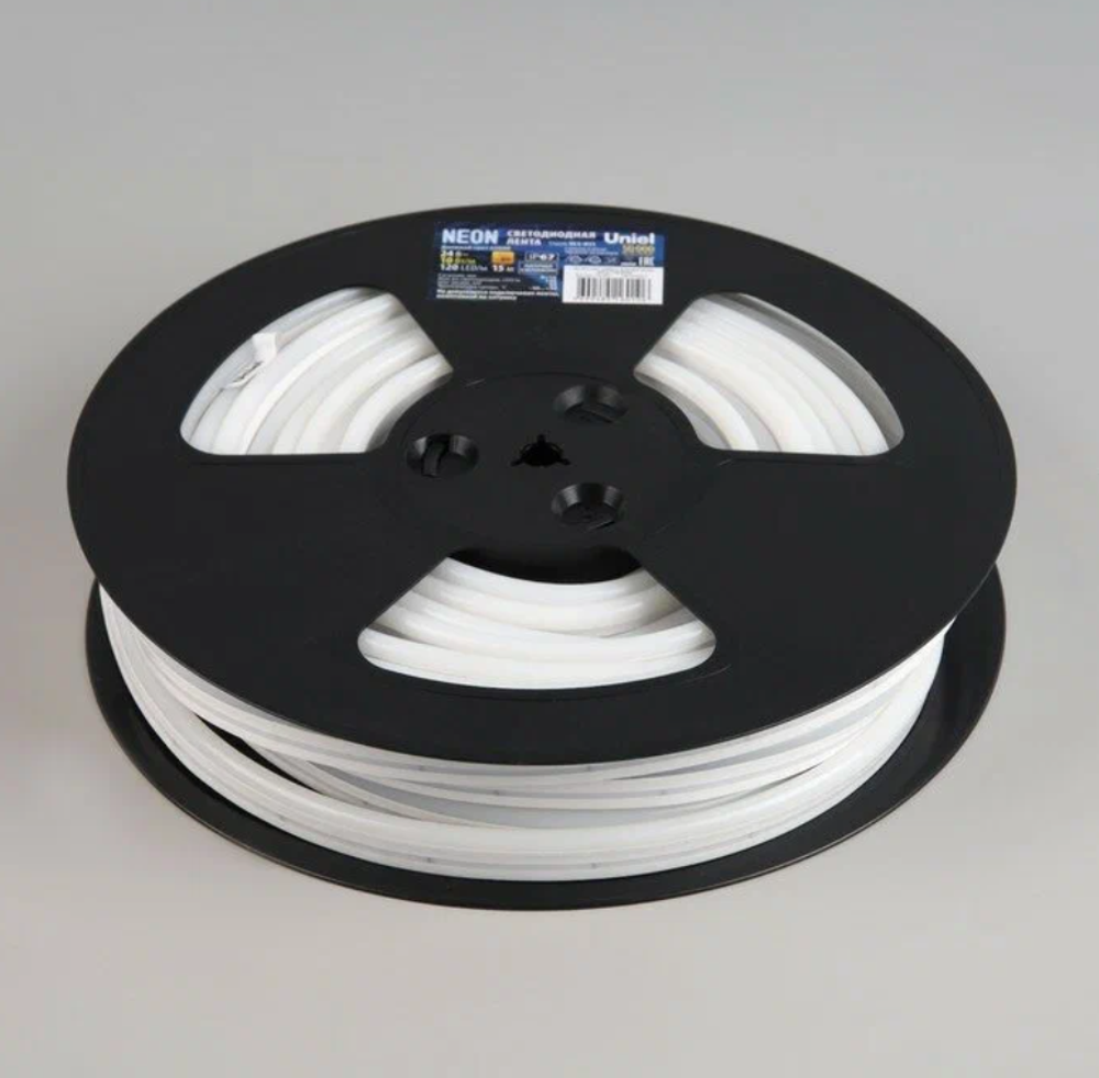 Гибкий неон Uniel 8 × 16 мм, IP67, 15 м, SMD2835, 120 LED/м, 10 Вт/м, 24 В, свечение холодное белое