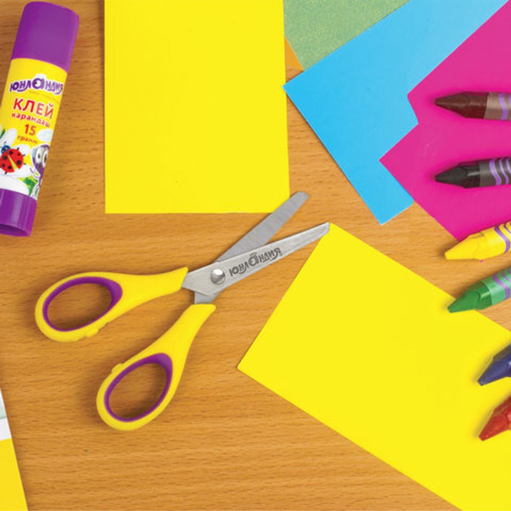 Ножницы ЮНЛАНДИЯ "ВОЗДУШНЫЙ ЗМЕЙ", 125 мм, для левши, резиновые вставки, желто-фиолетовые, европодвес, 236783