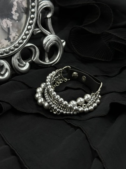 Браслет "Glam" из серого жемчуга, венецианского стекла и гематита, застежка из натур. кожи