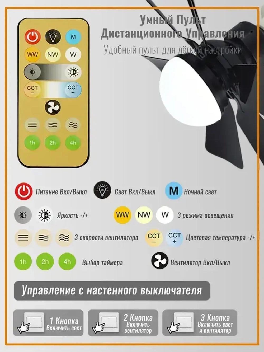 Светильник-вентилятор 45W Белый с диммером E27