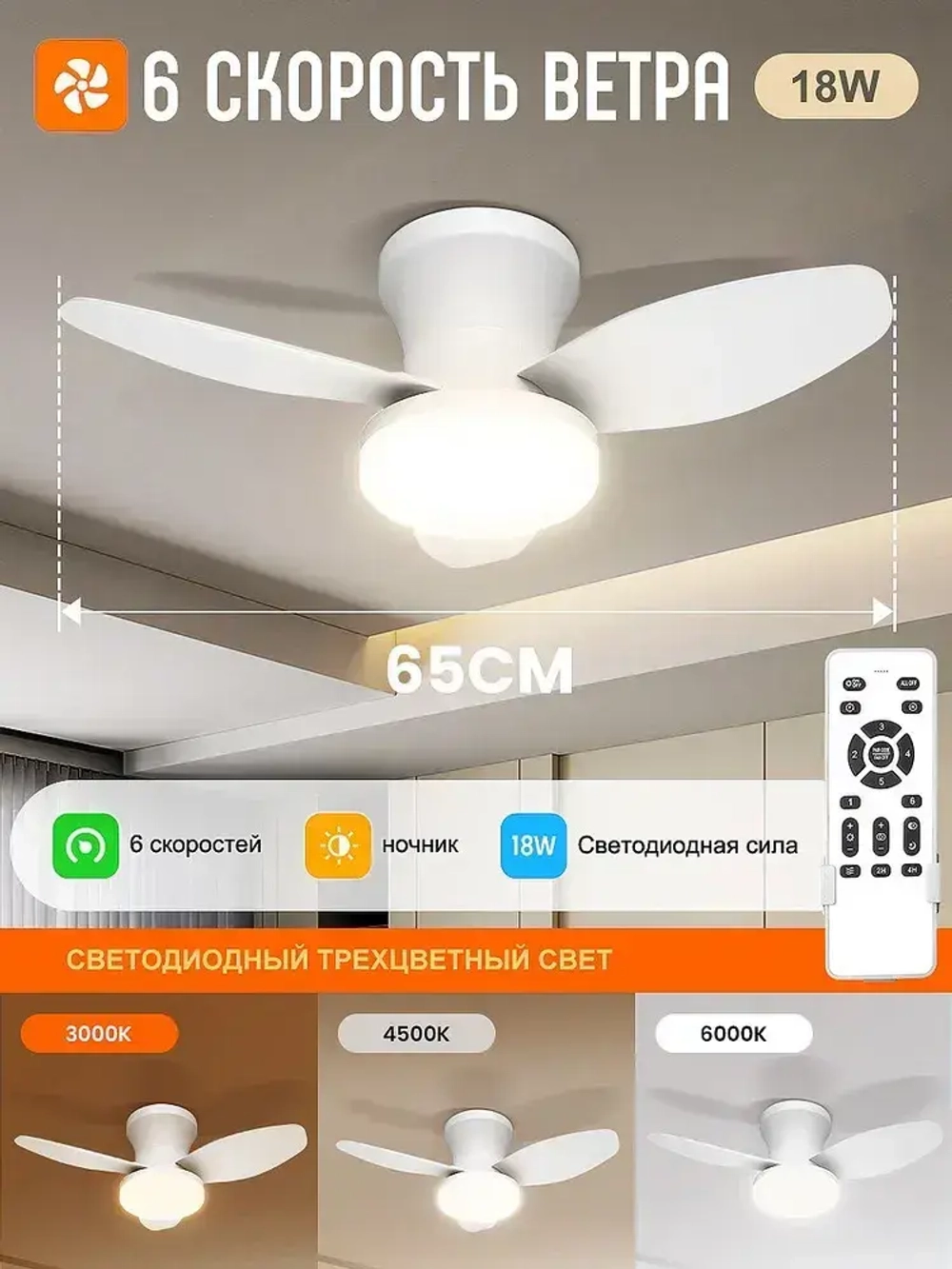 Вентилятор потолочный с пультом, диаметр 65 см, Белый