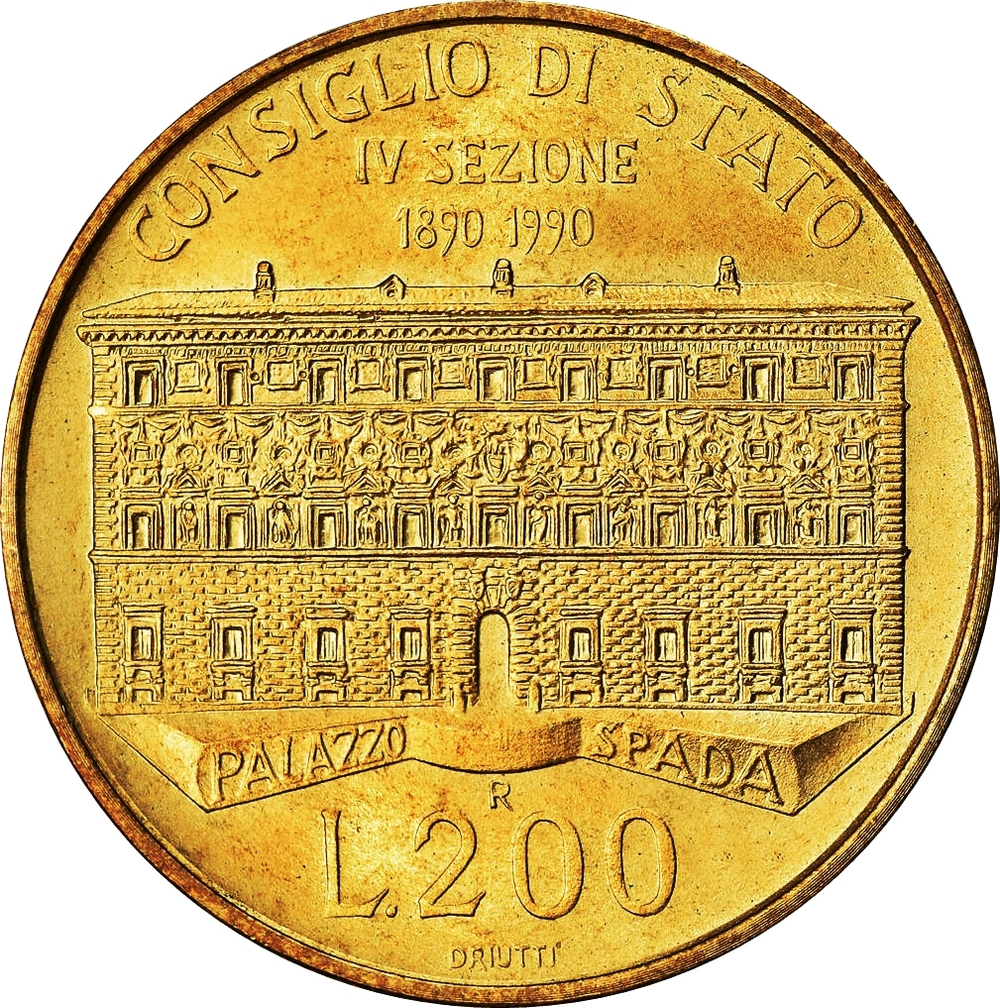 Italy 200 Lire 1990 R "State Council IV Section Centennial", AU