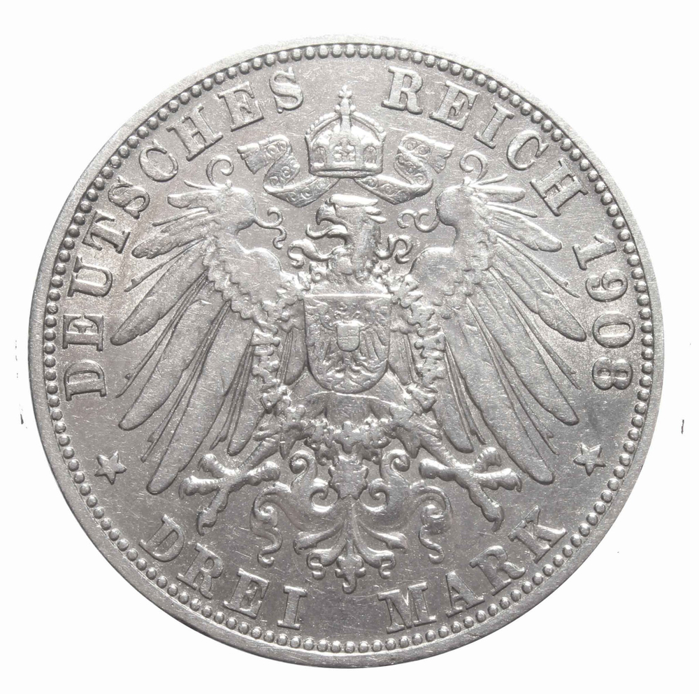 3 марки. Король Отто. (D) Германия-Бавария. 1908 год. Серебро. VF-XF