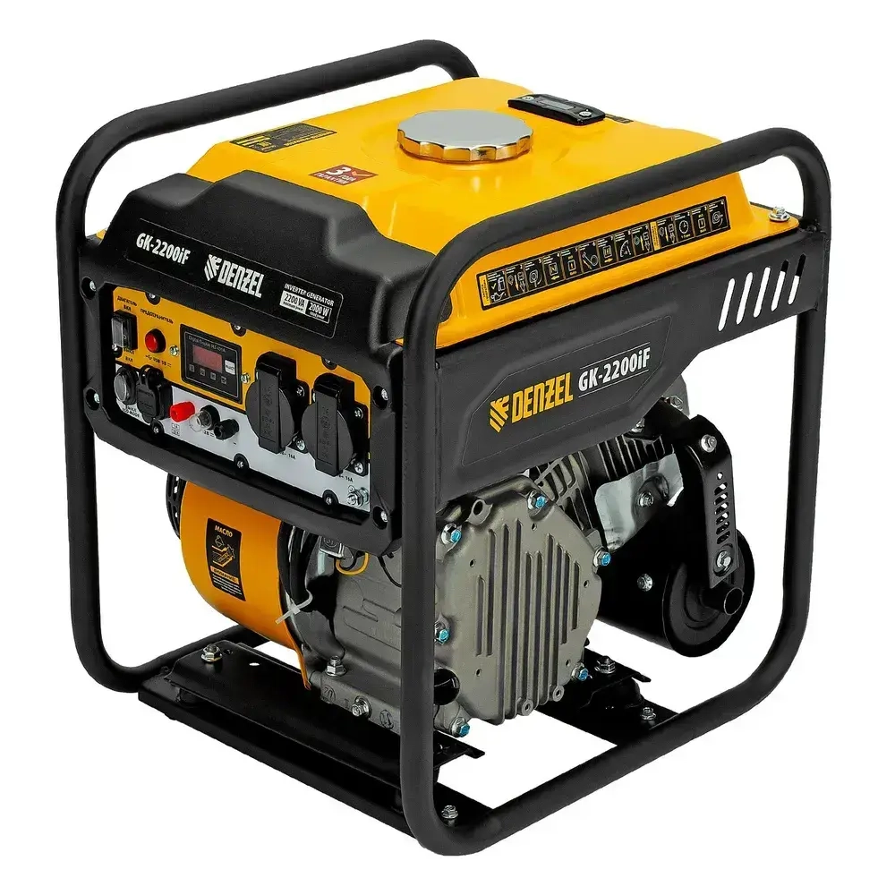 Генератор инверторный DENZEL GK-2200iF, 2.2 кВт и 212 см3 объем двигателя, 7 л объем топливного бака, ручной старт и 2 розетки, выход USB 5В и клеммы постоянного тока 12В 94707