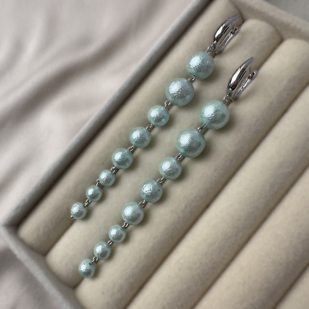 Серьги-дорожки «Мятный градиент» — жемчуг майорка