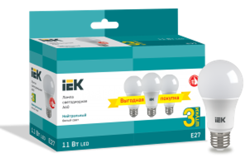 Лампа светодиодная A60 груша 11Вт 230В 4000К E27 (3шт/упак) IEK