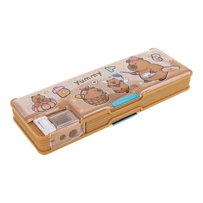 Пенал пластиковый "Капибара" с блестками, 2 отв., с точилкой, 3 вида микс