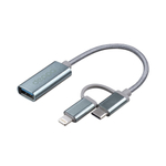 OTG адаптер 2 в 1: USB 2.0 – Type-C/Lightning, алюминий, нейлон, 0.15 м, серый