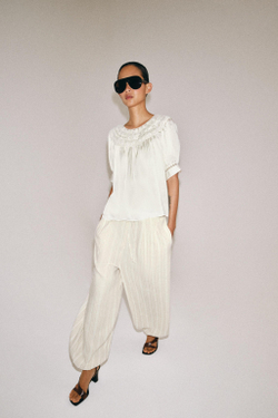ZARA БЛУЗА С КОРОТКИМИ РУКАВАМИ И КРУЖЕВОМ — ZW COLLECTION, БЕЛЫЙ