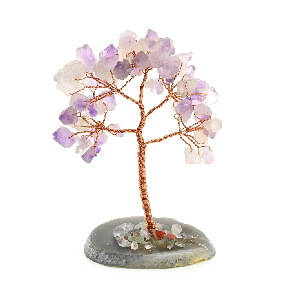Дерево счастья на срезе агата с аметистом(кристаллы) 55*35*90мм
