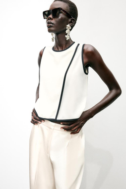 ZARA ТОП ИЗ КРЕПА С КОНТРАСТНОЙ ОКАНТОВКОЙ, ЭКРЮ/ЧЕРНЫЙ