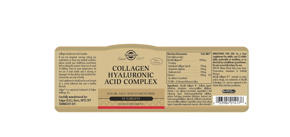 Комплекс Solgar Collagen с гиалуроновой кислотой, 30 таблеток — Гидролизованный коллаген типа 2 — Помогает избавиться от тонких линий и морщин — Повышает выработку коллагена и эластичность кожи — Не содержит ГМО, глютена и молочных продуктов — 30 порций