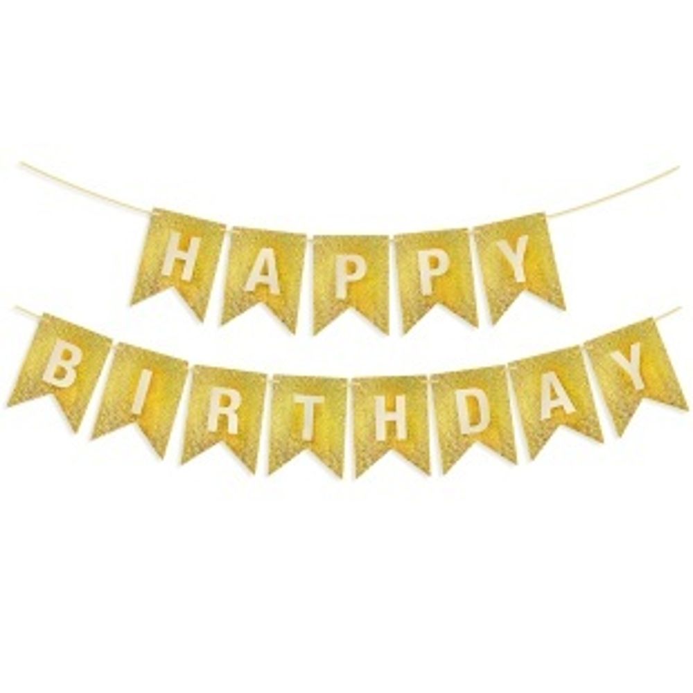 Гирлянда Флажки, Happy Birthday, Золото, Голография, 350 см, 17*12 см
