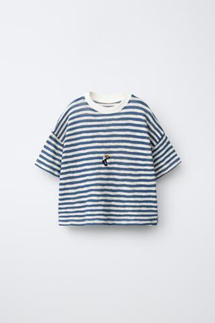 ZARA ФУТБОЛКА В ПОЛОСКУ С ВЫШИВКОЙ, СИНИЙ