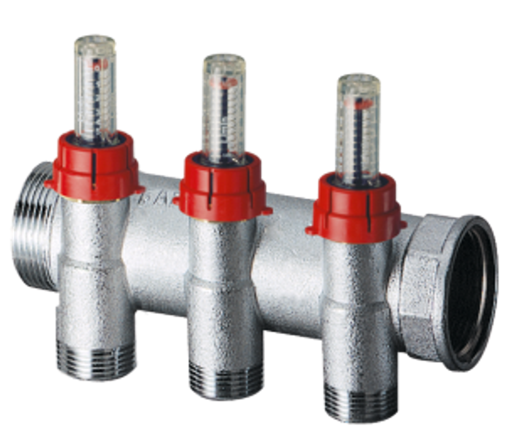 Коллектор запорный 1 1/4"(ВР-НР) с расходомер., 3отв. М24х19