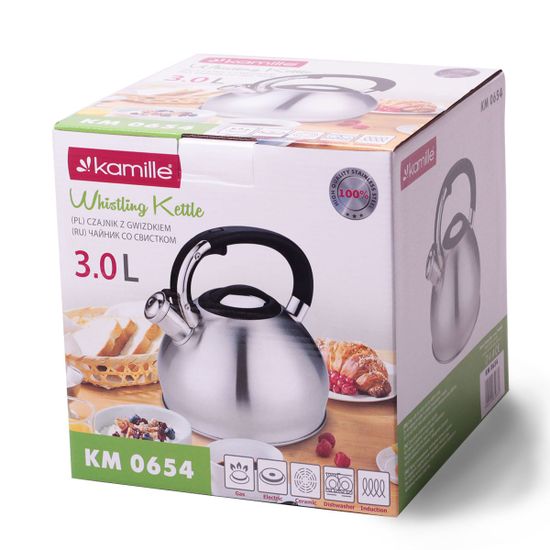 Чайник 3 л. из нержавеющей стали со свистком Kamille KM 0654 и черной бакелитовой ручкой
