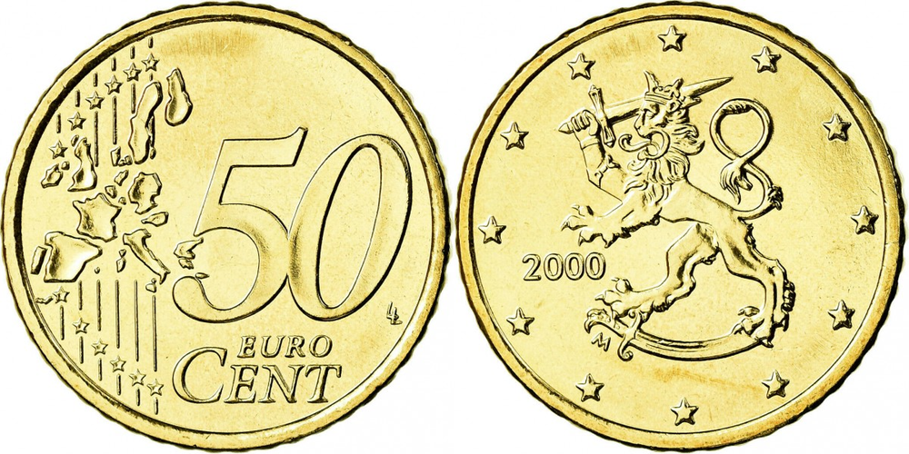Финляндия 50 евроцентов, 1999-2006 Лев XF