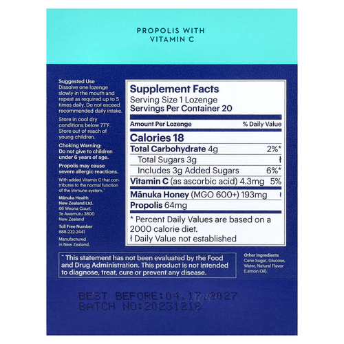 Manuka Health, леденцы с медом манука и прополисом, MGO 600+, 20 леденцов