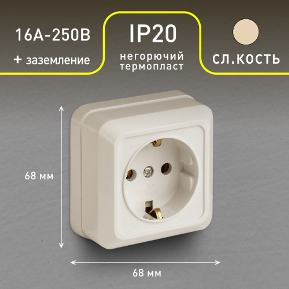Розетка Intro Quadro 2-202-02 с заземлением 2P+E Schuko, 16А-250В, IP20, ОУ, слоновая кость