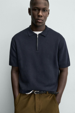 ZARA ТРИКОТАЖНОЕ ПОЛО НА МОЛНИИ, МОРСКОЙ СИНИЙ