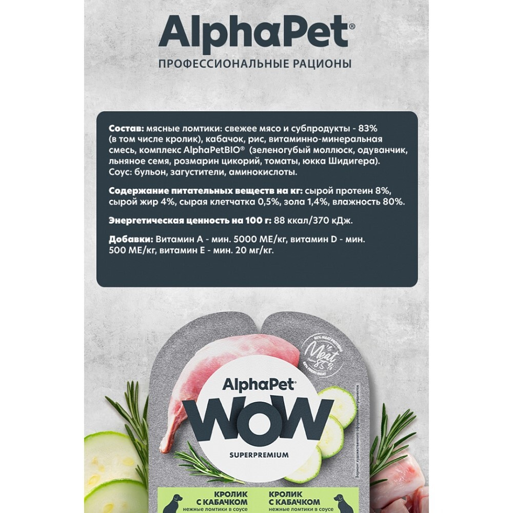 AlphaPet WOW Superpremium 100 г - консервы (блистер) для собак с кроликом и кабачком (ломтики в соусе)