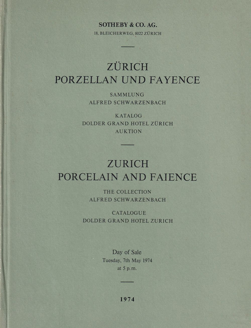 Каталог аукциона Sotheby's, Цюрих, Aарфор и фаянс из коллекции Альфреда Шварценбаха от 7 мая 1974 года