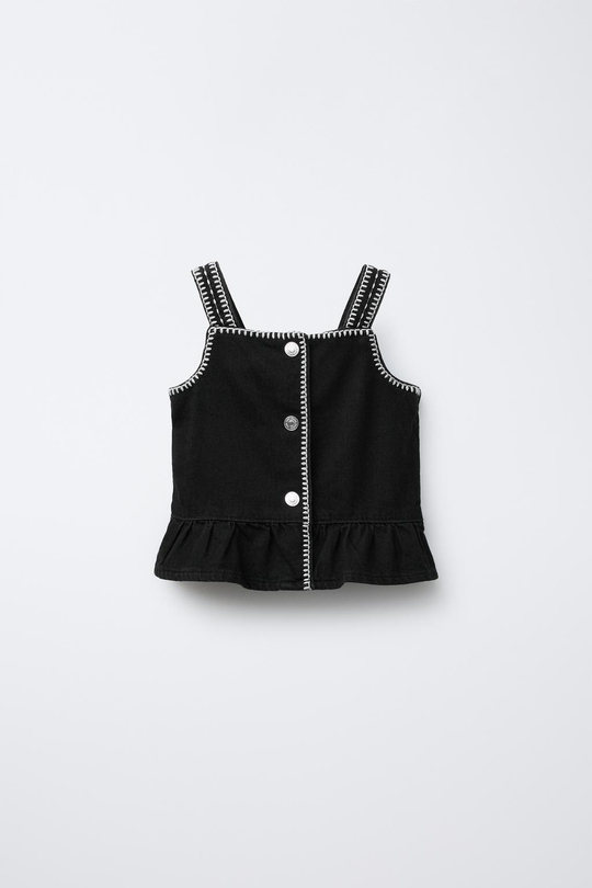 ZARA ДЖИНСОВЫЙ ТОП С ВЫШИВКОЙ, ЧЕРНЫЙ