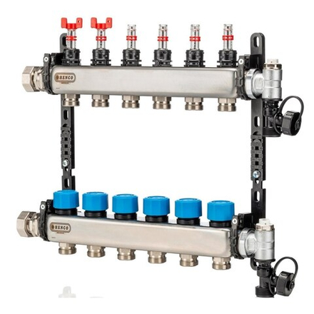 Коллектор HENCO(ХЕНКО) из нержавеющей стали, регулируемый расходомер, воздухоотводчик, дренаж и клапан заполнения, 1” - 10 x 3/4”
